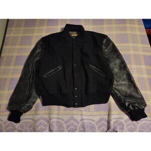 Vintage Gluv Elf Leather Wool Stadium Varsity Jacket Black Button Rare 50s 60s
